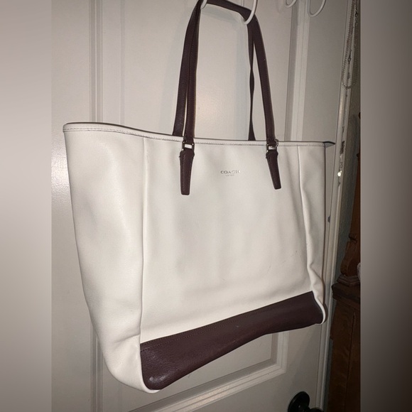 Coach Large Leather Shoulder Tote Bag White & Brown Work Shopper w dust bag - Picture 1 of 12